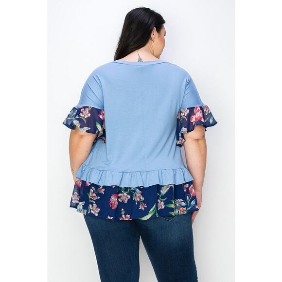 059 Curvy Lovey Ruffle Sleeves Tunic Top With Double Frill Hem in Lavender Blue - Picture 3 of 5